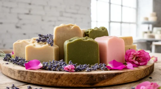 Savons artisanaux bio aux couleurs naturelles sur plateau bois rustique