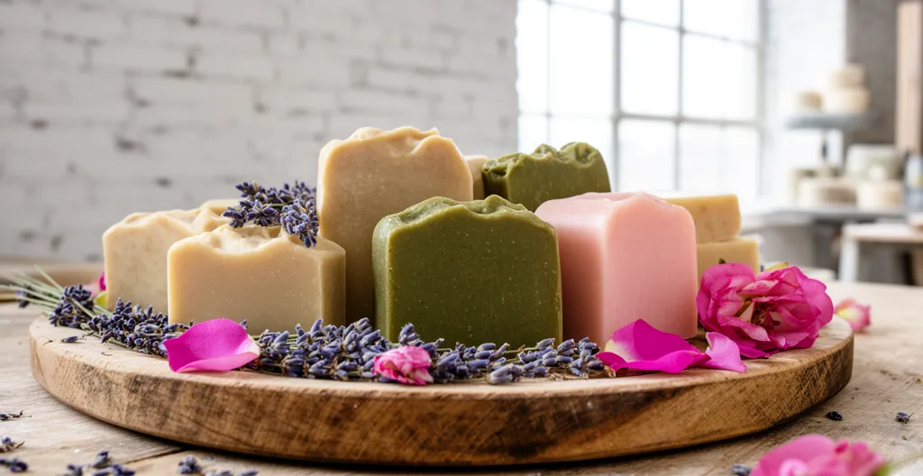 Savons artisanaux bio aux couleurs naturelles sur plateau bois rustique