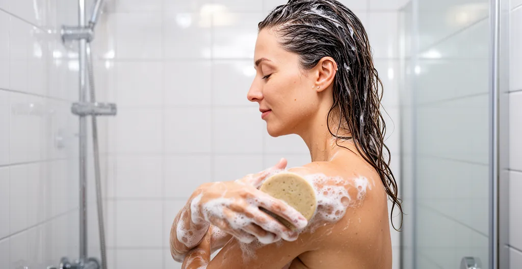 Femme utilisant un savon artisanal bio sous la douche avec mousse crémeuse Femme utilisant un savon artisanal bio sous la douche avec mousse crémeuse